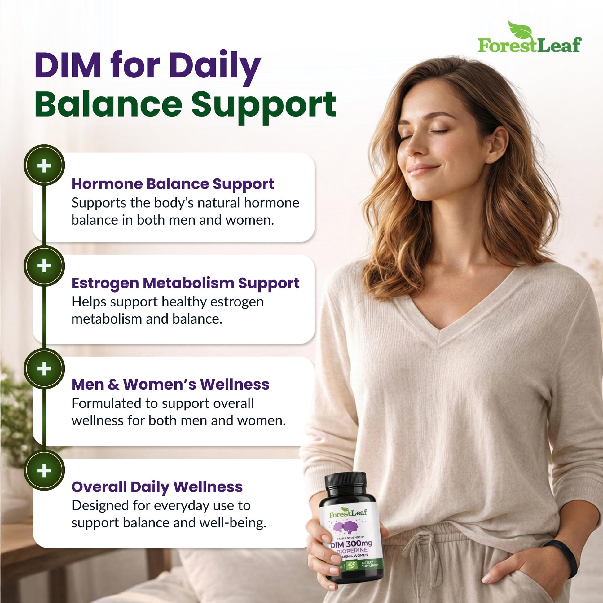 ForestLeaf DIM Supplement - 300mg DIM Estrogen Supplement for Women/Men - Diindolylmethane with BioPerine Black Pepper - Support for Detox, Metabolism, Hormone Balance & Menopause - 90 Caps - Maple Wellness Supplements