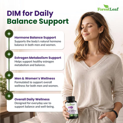 ForestLeaf DIM Supplement - 300mg DIM Estrogen Supplement for Women/Men - Diindolylmethane with BioPerine Black Pepper - Support for Detox, Metabolism, Hormone Balance & Menopause - 90 Caps - Maple Wellness Supplements