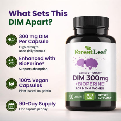 ForestLeaf DIM Supplement - 300mg DIM Estrogen Supplement for Women/Men - Diindolylmethane with BioPerine Black Pepper - Support for Detox, Metabolism, Hormone Balance & Menopause - 90 Caps - Maple Wellness Supplements