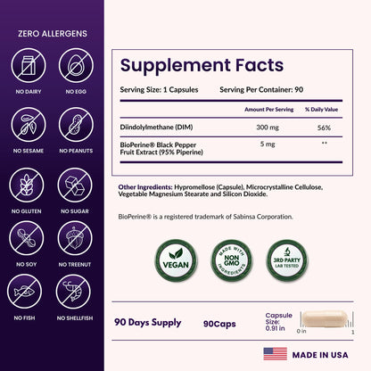 ForestLeaf DIM Supplement - 300mg DIM Estrogen Supplement for Women/Men - Diindolylmethane with BioPerine Black Pepper - Support for Detox, Metabolism, Hormone Balance & Menopause - 90 Caps - Maple Wellness Supplements