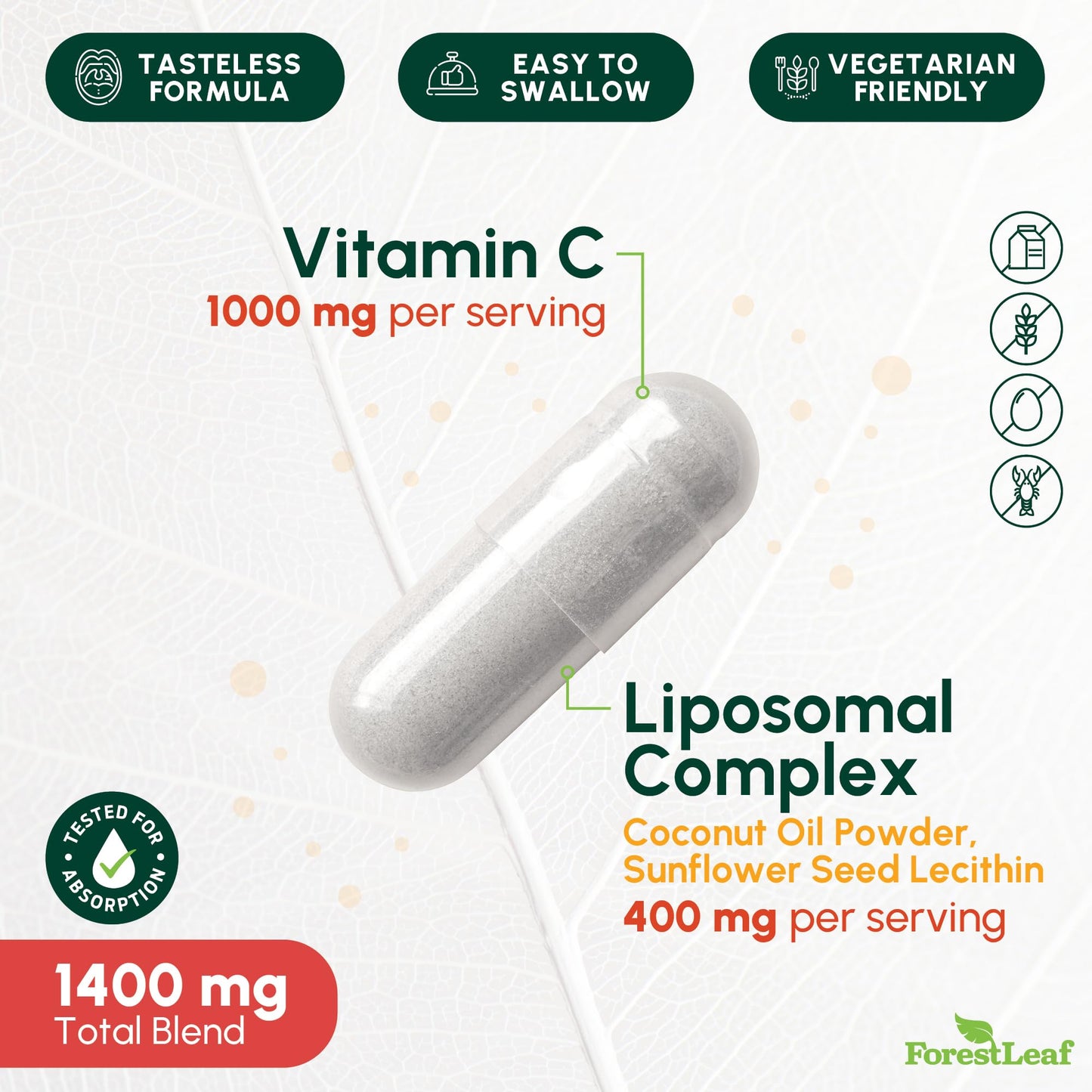 ForestLeaf Liposomal Vitamin C 1400mg Capsules | High Dose Vitamin C Liposomal Supplement w Coconut Oil Fatty Acids | Fast Absorption | Immune Support, Antioxidant, - Maple Wellness Supplements