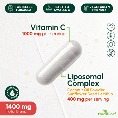 ForestLeaf Liposomal Vitamin C 1400mg Capsules | High Dose Vitamin C Liposomal Supplement w Coconut Oil Fatty Acids | Fast Absorption | Immune Support, Antioxidant, - Maple Wellness Supplements