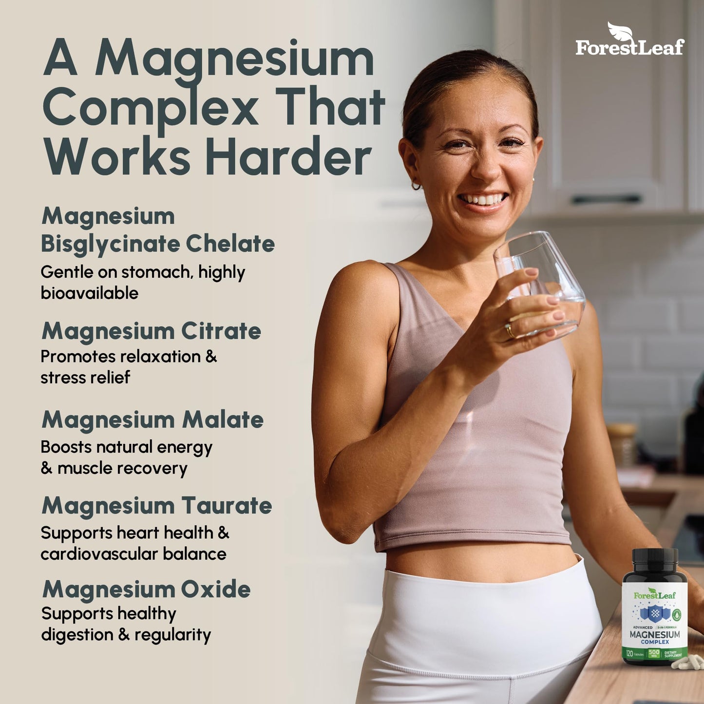 ForestLeaf Magnesium Complex for Women and Men - 500mg Magnesium Supplement for Sleep - 5-in-1 Chelated Magnesium Citrate, Bisglycinate, Malate, Taurate, Oxide (120 Ct) - Maple Wellness Supplements