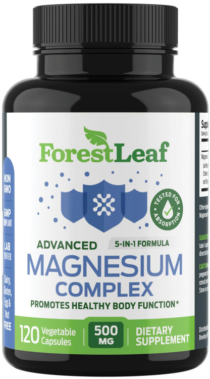 ForestLeaf Magnesium Complex for Women and Men - 500mg Magnesium Supplement for Sleep - 5-in-1 Chelated Magnesium Citrate, Bisglycinate, Malate, Taurate, Oxide (120 Ct) - Maple Wellness Supplements
