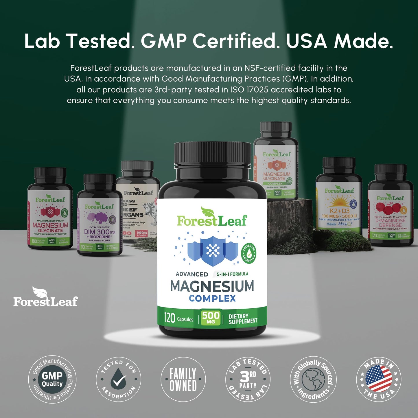 ForestLeaf Magnesium Complex for Women and Men - 500mg Magnesium Supplement for Sleep - 5-in-1 Chelated Magnesium Citrate, Bisglycinate, Malate, Taurate, Oxide (120 Ct) - Maple Wellness Supplements