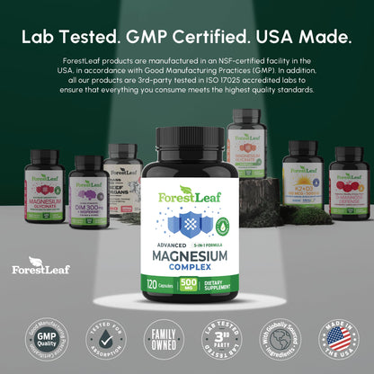 ForestLeaf Magnesium Complex for Women and Men - 500mg Magnesium Supplement for Sleep - 5-in-1 Chelated Magnesium Citrate, Bisglycinate, Malate, Taurate, Oxide (120 Ct) - Maple Wellness Supplements