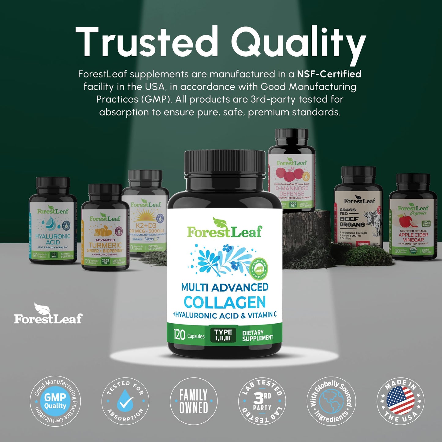 ForestLeaf Multi Collagen Pills with Hyaluronic Acid + Vitamin C | Hydrolyzed Collagen Supplements for Women or Men | Multi Collagen Capsules Peptides for Skin, Wrinkles, 240 - Maple Wellness Supplements