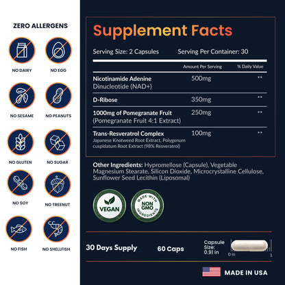 ForestLeaf NAD Resveratrol Capsules, Liposomal NAD Supplement for Women and Men with D-Ribose and Pomegranate, NAD+ for Energy, Focus and Anti-Aging Support, NMN Supplement Alternative (60 Caps) - Maple Wellness Supplements