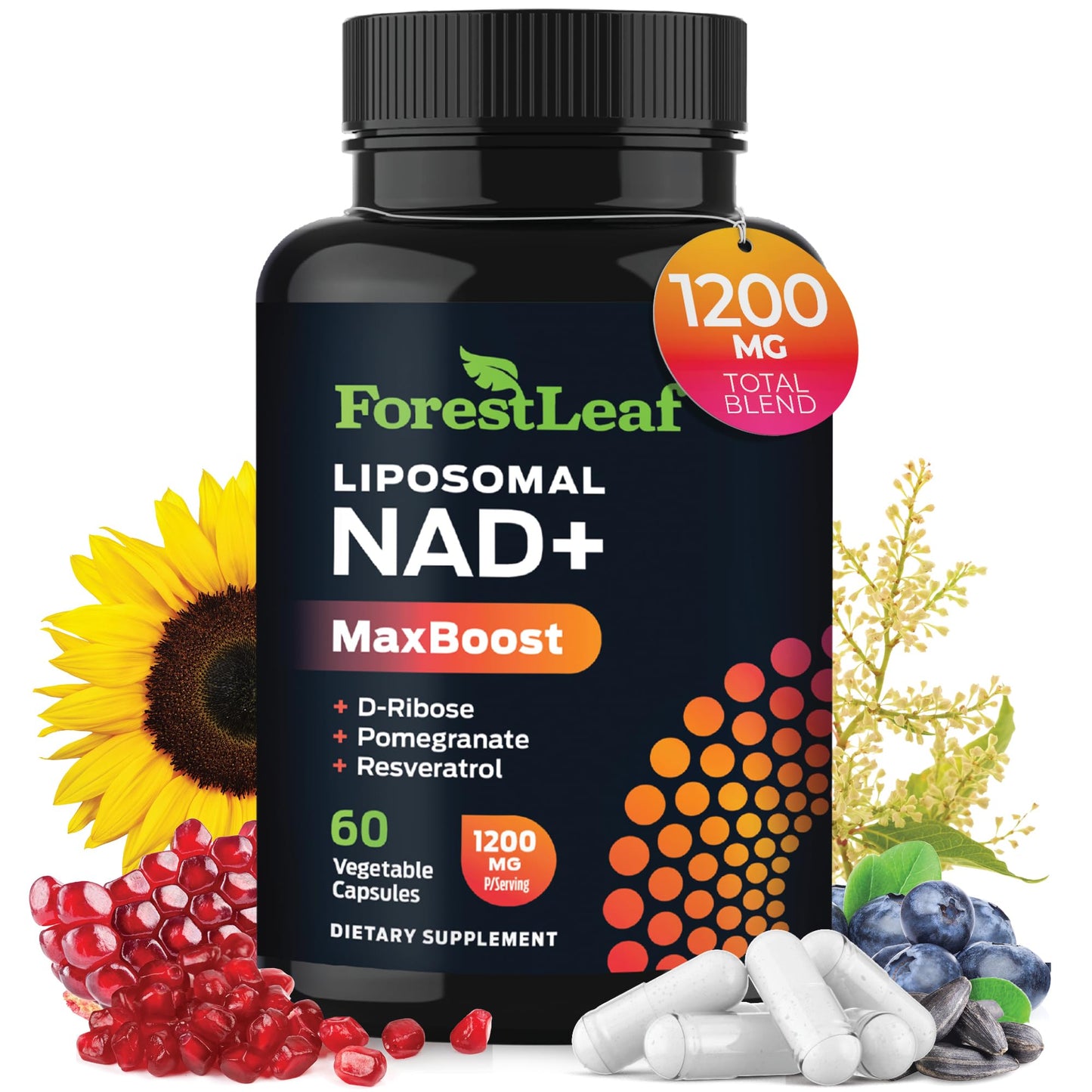 ForestLeaf NAD Resveratrol Capsules, Liposomal NAD Supplement for Women and Men with D-Ribose and Pomegranate, NAD+ for Energy, Focus and Anti-Aging Support, NMN Supplement Alternative (60 Caps) - Maple Wellness Supplements