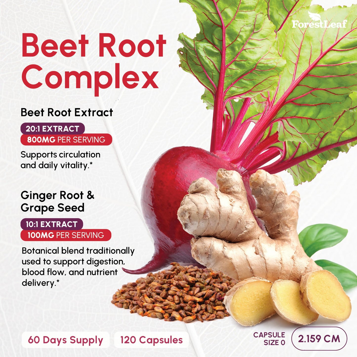 ForestLeaf USDA Organic Beet Root Capsules - Beetroot Supplement 1000mg 20:1 Extract w/Ginger Grape Seed - Support Blood Pressure, Nitric Oxide - Maple Wellness Supplements