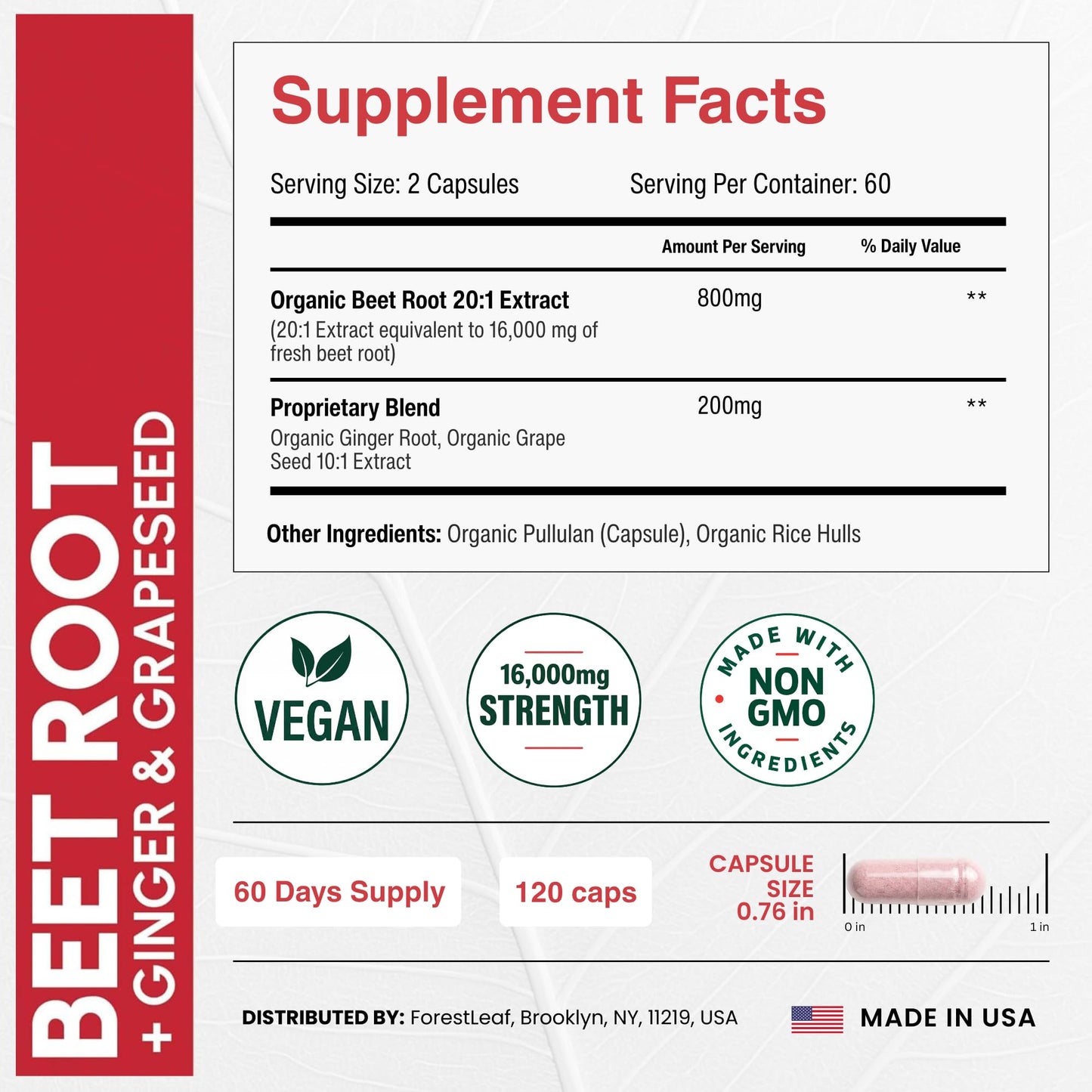 ForestLeaf USDA Organic Beet Root Capsules - Beetroot Supplement 1000mg 20:1 Extract w/Ginger Grape Seed - Support Blood Pressure, Nitric Oxide - Maple Wellness Supplements