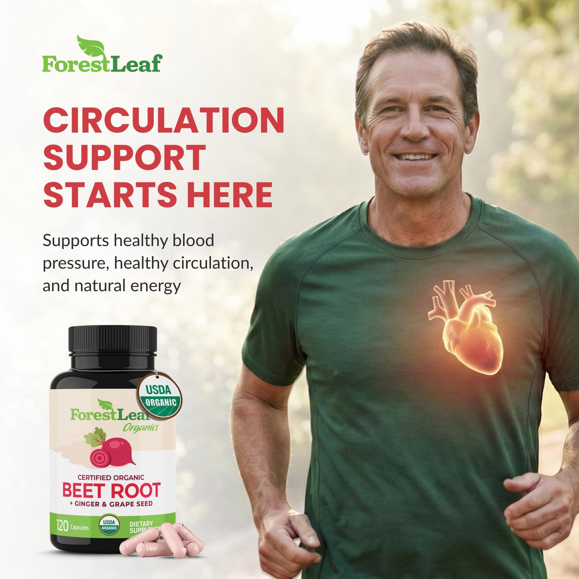 ForestLeaf USDA Organic Beet Root Capsules - Beetroot Supplement 1000mg 20:1 Extract w/Ginger Grape Seed - Support Blood Pressure, Nitric Oxide - Maple Wellness Supplements
