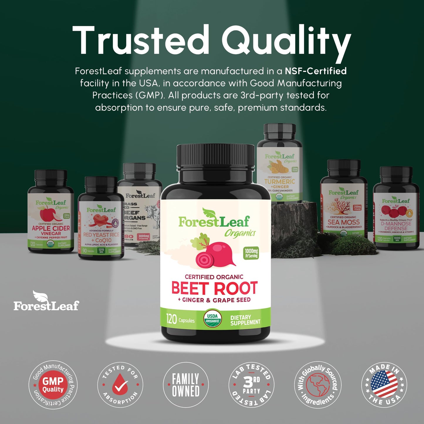 ForestLeaf USDA Organic Beet Root Capsules - Beetroot Supplement 1000mg 20:1 Extract w/Ginger Grape Seed - Support Blood Pressure, Nitric Oxide - Maple Wellness Supplements