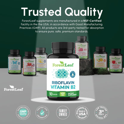 ForestLeaf Vitamin B2 Riboflavin 400mg - Energy, Skin & Cellular Health Supplement - Nervous System Support - Vitamin B 2 VIT B - Non-GMO & Gluten Free - Maple Wellness Supplements
