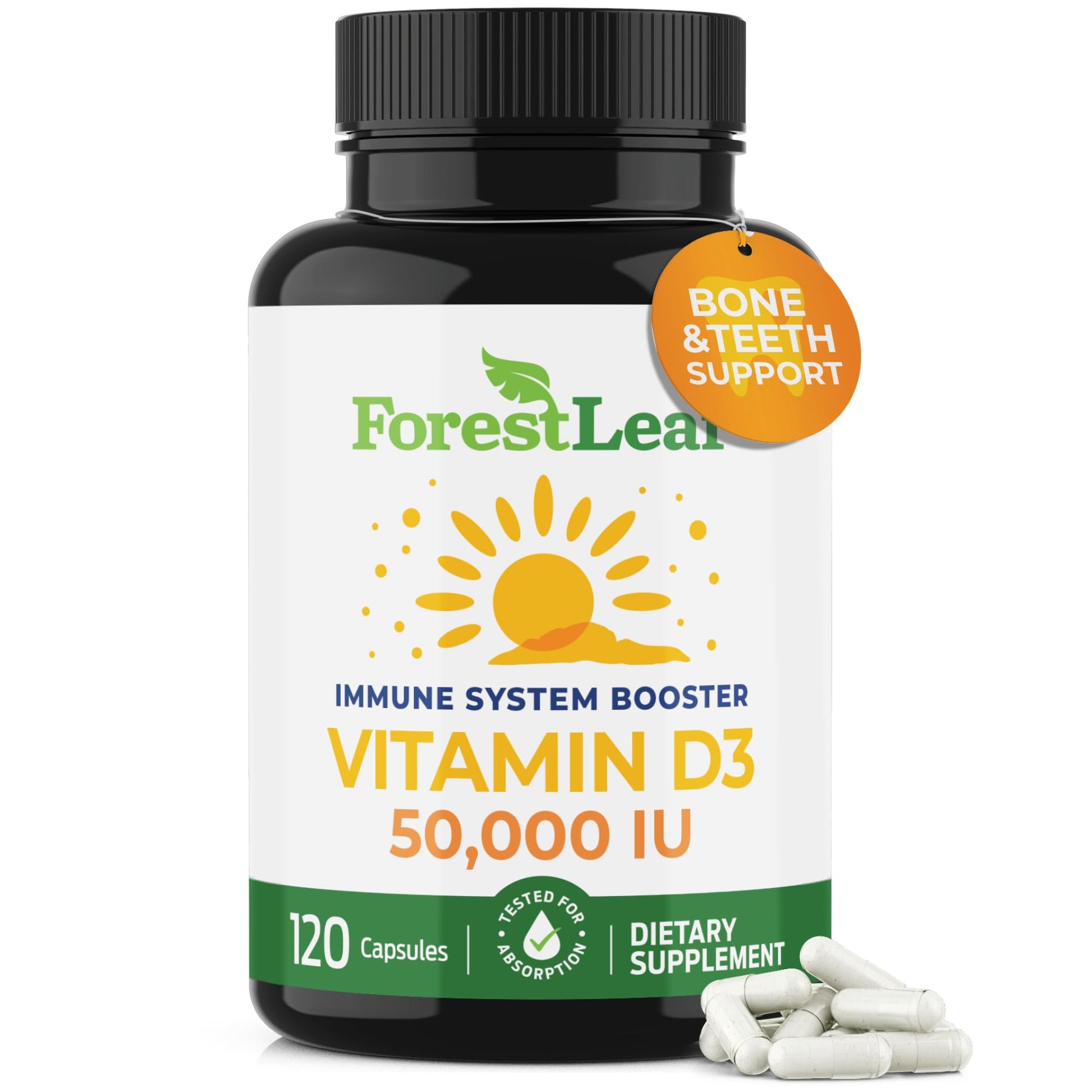 ForestLeaf Vitamin D3 50,000 IU | VIT D - Kosher VIT D3 Vitamin D Supplement for Women and Men | Bone Health, Teeth, Immune Support - Maple Wellness Supplements