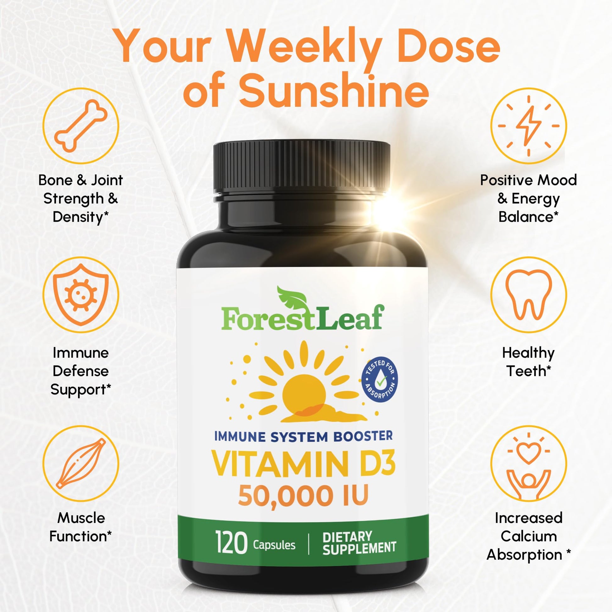 ForestLeaf Vitamin D3 50,000 IU | VIT D - Kosher VIT D3 Vitamin D Supplement for Women and Men | Bone Health, Teeth, Immune Support - Maple Wellness Supplements