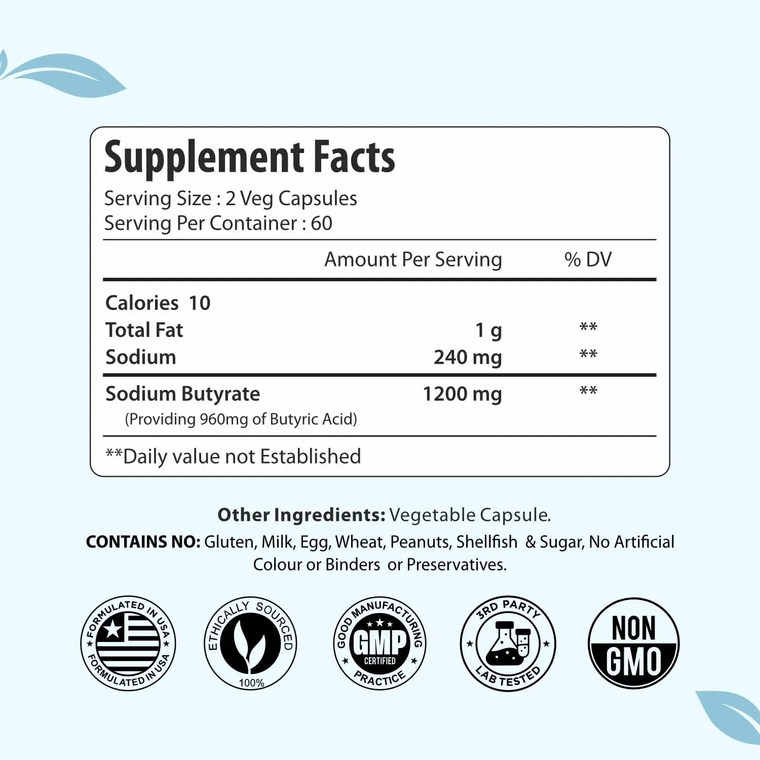 ForestVibe Sodium Butyrate Supplement 1200mg, Yielding 960mg Butyric Acid, 120 Vegan Capsules, 2 Month Supply, Non-GMO & Gluten Free Postbiotic Supplement - Maple Wellness Supplements