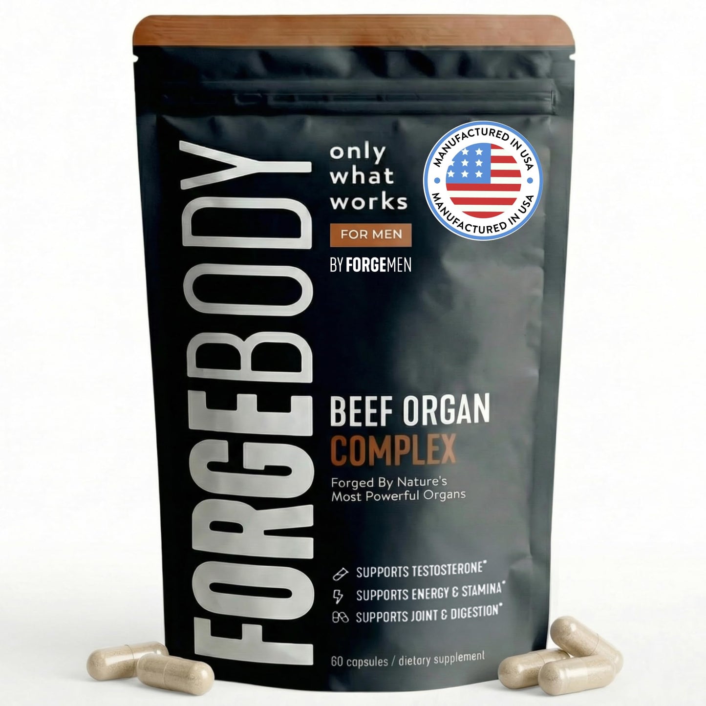 FORGEBODY® Beef Organ Complex Capsules [1 Month] - 100% Grass Fed Beef Organ Supplement with Blend of Liver, Heart, Bone Marrow, Pancreas & Testicles - Maple Wellness Supplements