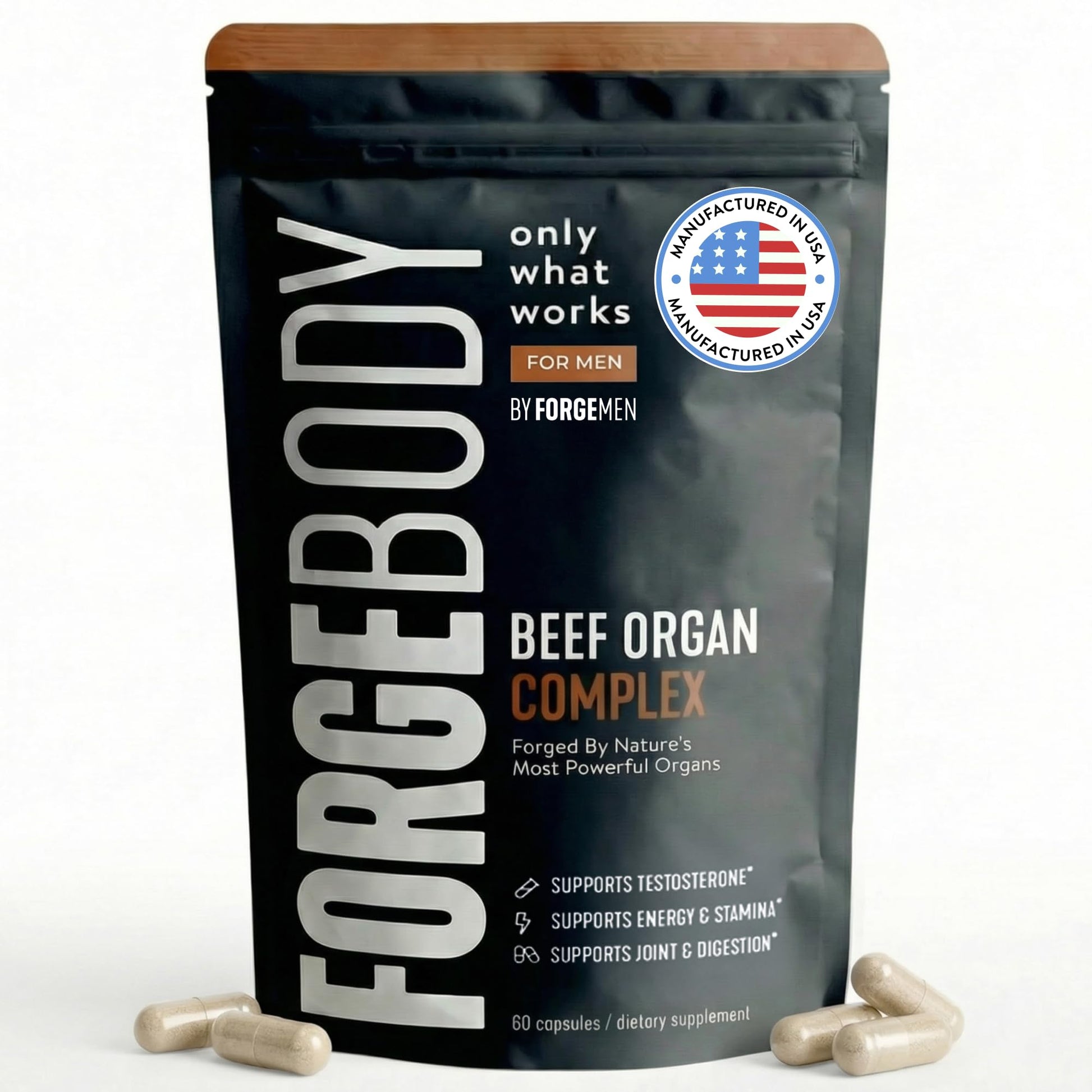 FORGEBODY® Beef Organ Complex Capsules [1 Month] - 100% Grass Fed Beef Organ Supplement with Blend of Liver, Heart, Bone Marrow, Pancreas & Testicles - Maple Wellness Supplements