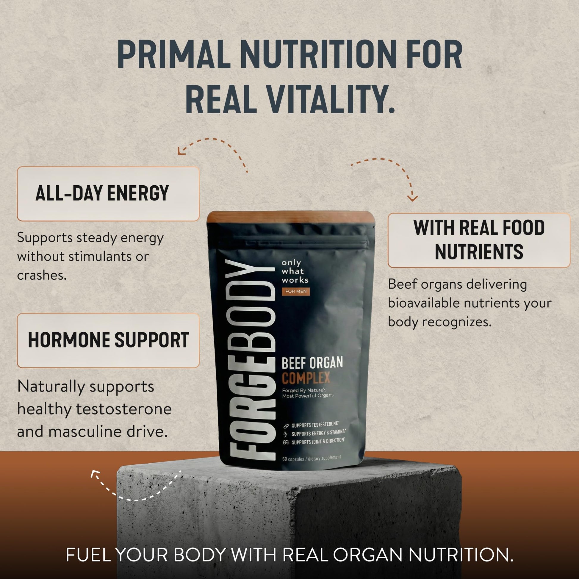FORGEBODY® Beef Organ Complex Capsules [1 Month] - 100% Grass Fed Beef Organ Supplement with Blend of Liver, Heart, Bone Marrow, Pancreas & Testicles - Maple Wellness Supplements