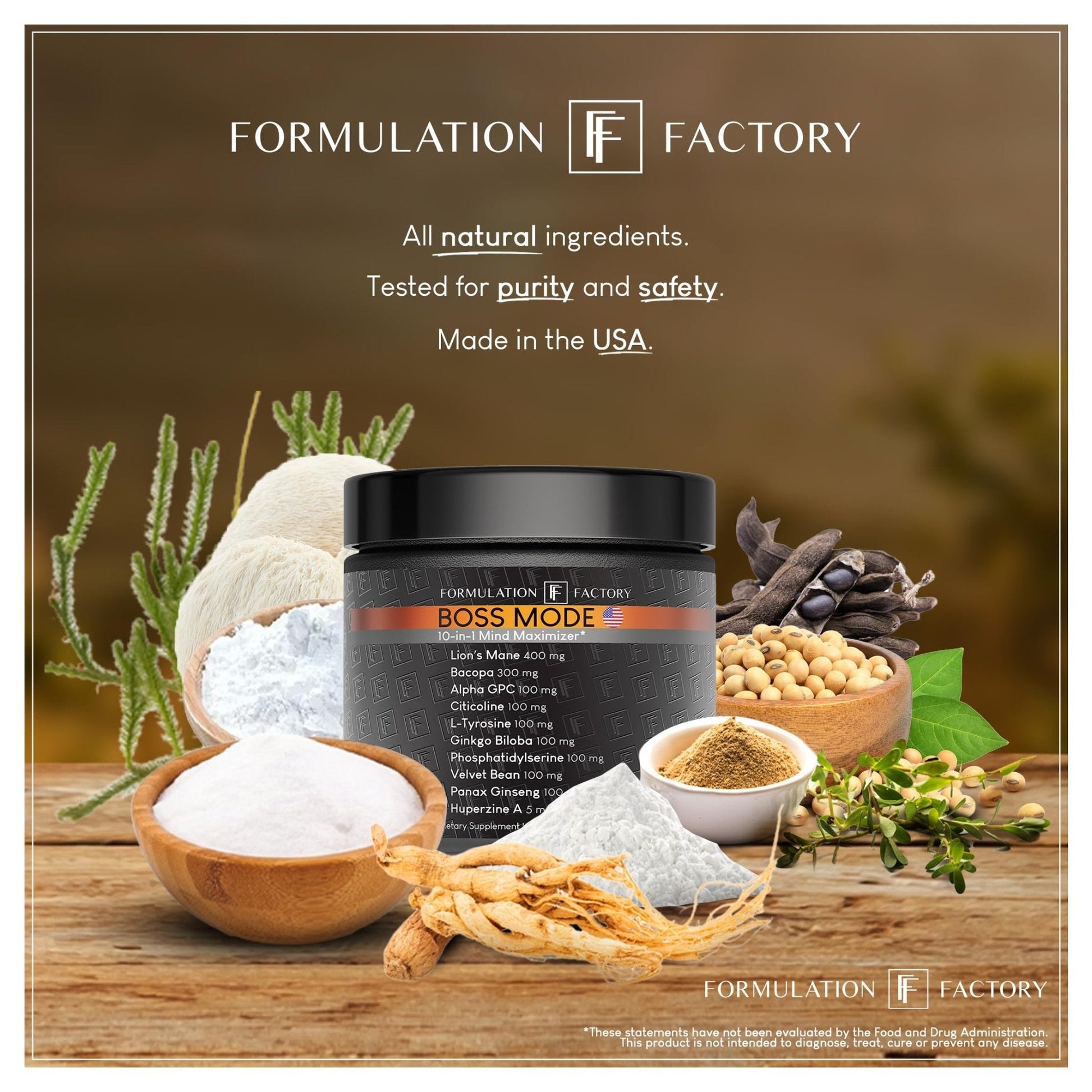 Formulation Factory Nootropic Brain Supplement - Boss Mode Focus & Memory Complex with Lion's Mane, Alpha GPC & Bacopa - Cognitive Support - 120 Capsules, 2 Month Supply - Maple Wellness Supplements