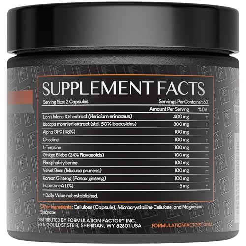 Formulation Factory Nootropic Brain Supplement - Boss Mode Focus & Memory Complex with Lion's Mane, Alpha GPC & Bacopa - Cognitive Support - 120 Capsules, 2 Month Supply - Maple Wellness Supplements