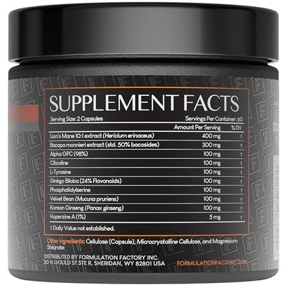 Formulation Factory Nootropic Brain Supplement - Boss Mode Focus & Memory Complex with Lion's Mane, Alpha GPC & Bacopa - Cognitive Support - 120 Capsules, 2 Month Supply - Maple Wellness Supplements