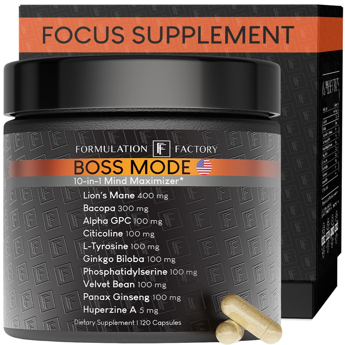 Formulation Factory Nootropic Brain Supplement - Boss Mode Focus & Memory Complex with Lion's Mane, Alpha GPC & Bacopa - Cognitive Support - 120 Capsules, 2 Month Supply - Maple Wellness Supplements
