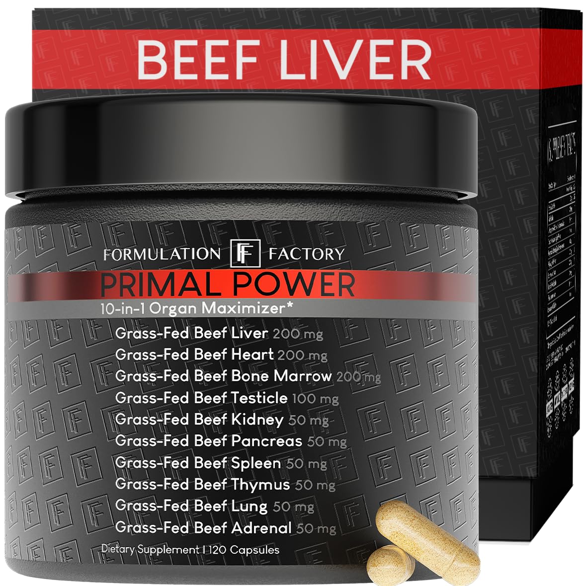 Formulation Factory Primal Power 10-in-1 Beef Organ Supplement - Grass Fed Beef Liver Capsules with Heart, Bone Marrow, Kidney, Testicle - Freeze Dried Organ - 120 Capsules, 2 Month Supply - Maple Wellness Supplements