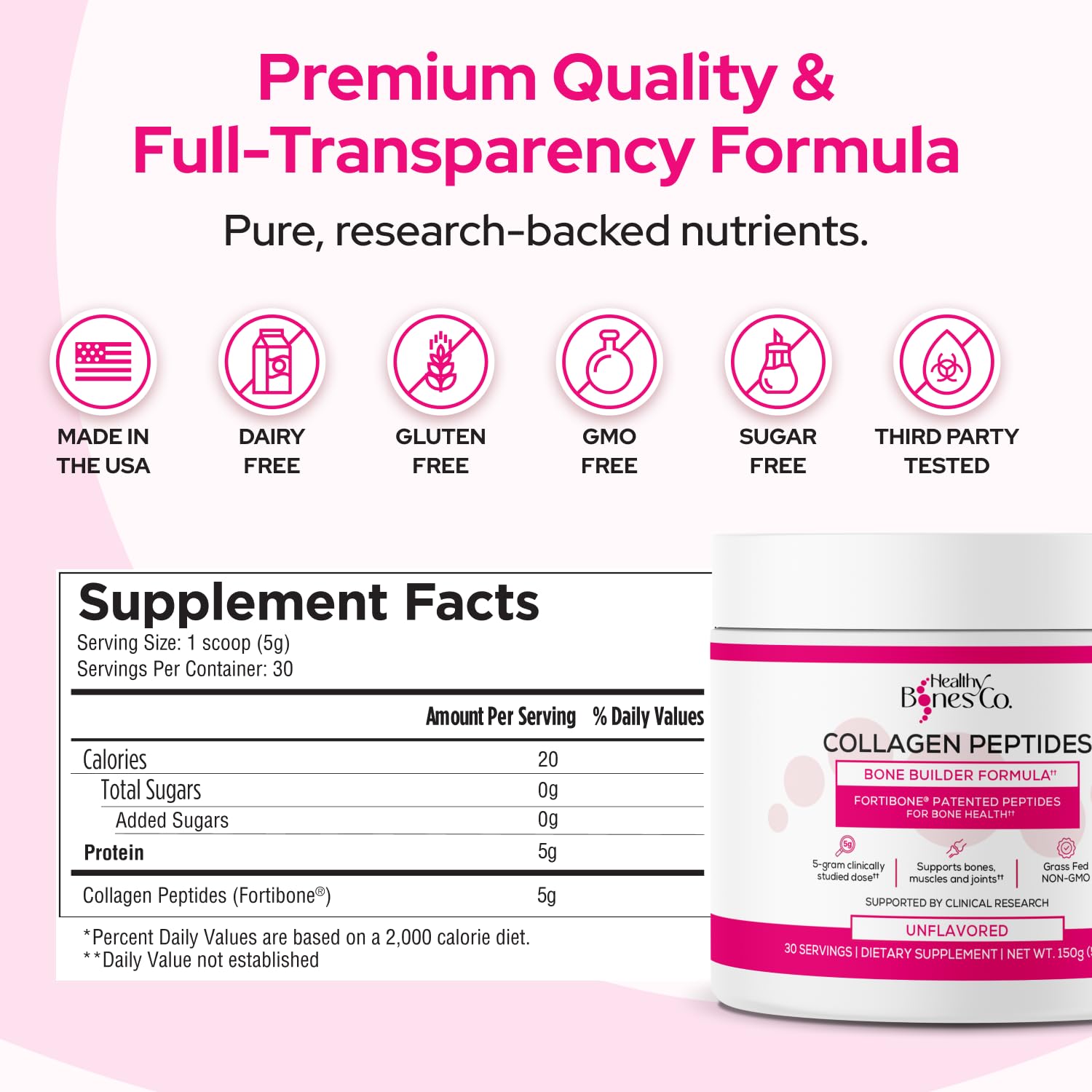 FORTIBONE Collagen Peptides Essential Bone Builder Hydrolyzed Collagen Powder for Women & Men, Clinically-Supported for Bone Strength & Density - Maple Wellness Supplements