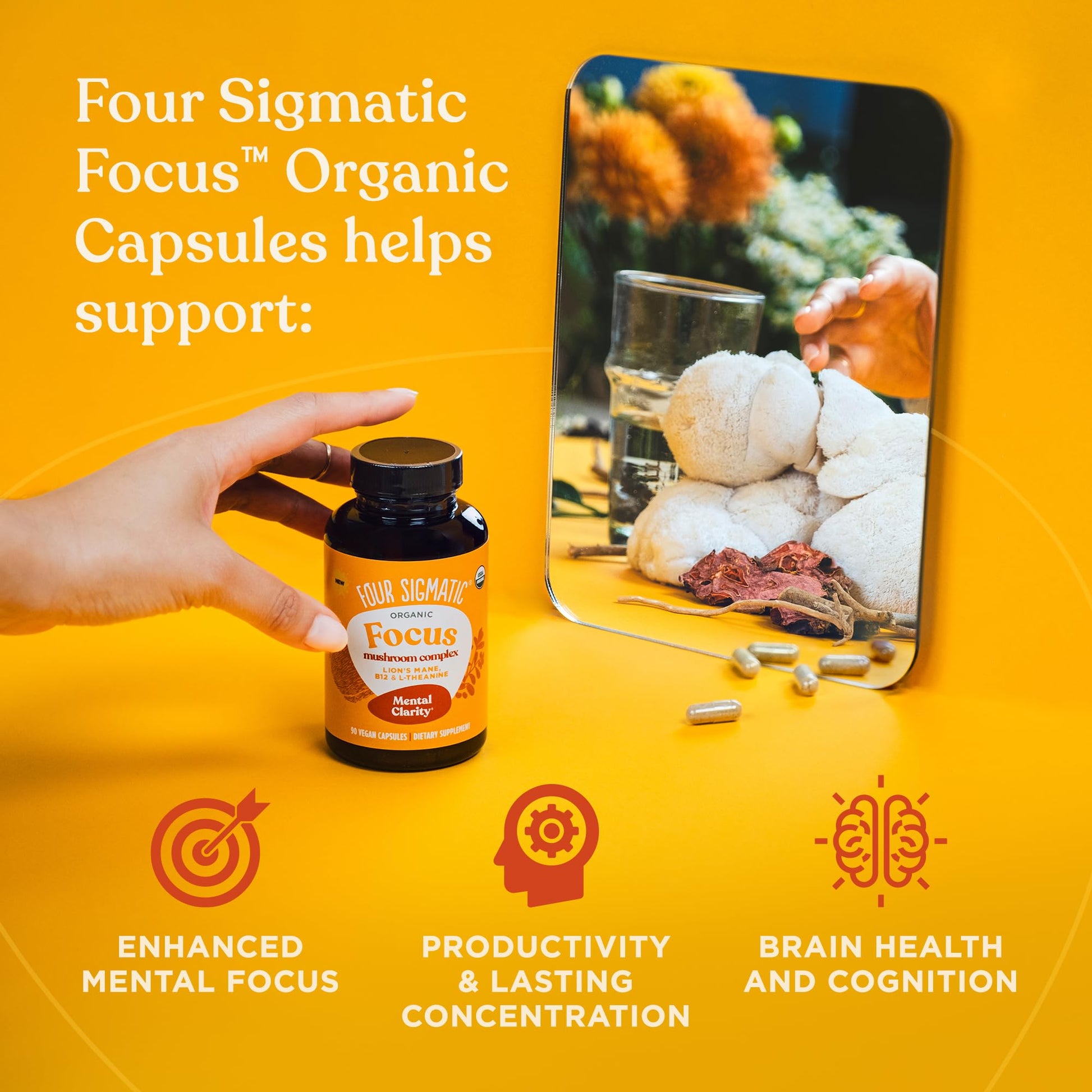 Four Sigmatic Focus Capsules | Lion's Mane Supplement Capsules | Brain Boosting Complex with Ashwagandha, Bacopa Monnieri & Rhodiola | Vegan Nootropic Adaptogen & Mushroom Supplement | 30 Servings - Maple Wellness Supplements