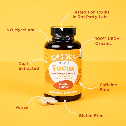 Four Sigmatic Focus Capsules | Lion's Mane Supplement Capsules | Brain Boosting Complex with Ashwagandha, Bacopa Monnieri & Rhodiola | Vegan Nootropic Adaptogen & Mushroom Supplement | 30 Servings - Maple Wellness Supplements