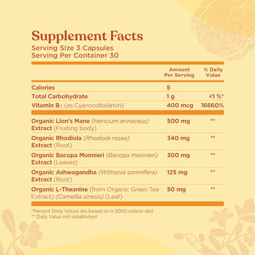 Four Sigmatic Focus Capsules | Lion's Mane Supplement Capsules | Brain Boosting Complex with Ashwagandha, Bacopa Monnieri & Rhodiola | Vegan Nootropic Adaptogen & Mushroom Supplement | 30 Servings - Maple Wellness Supplements