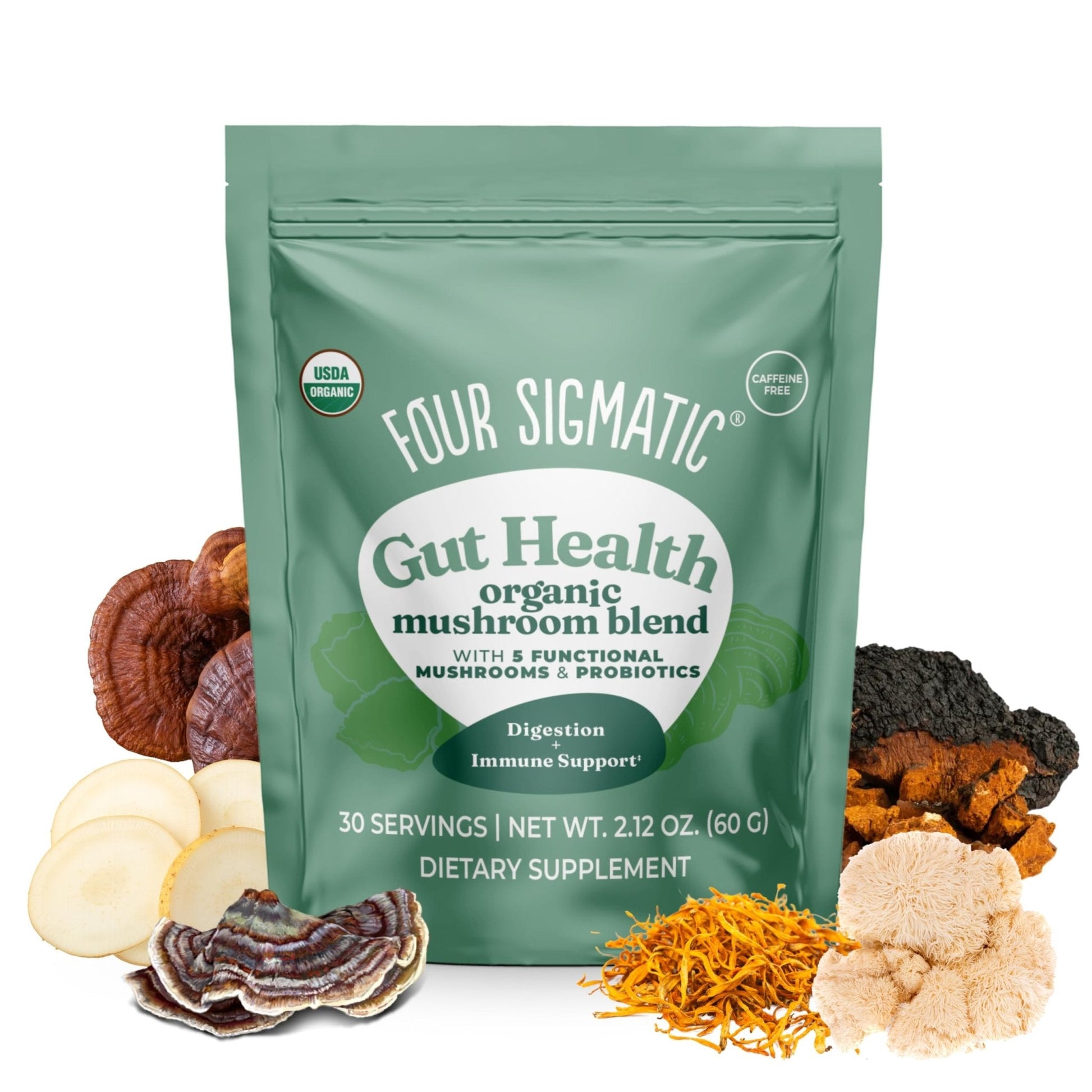Four Sigmatic Gut Health Mushroom Blend | Organic Mushroom Powder Complex with Turkey Tail, Lion’s Mane, Cordyceps, Chaga, Probiotics and More - Maple Wellness Supplements