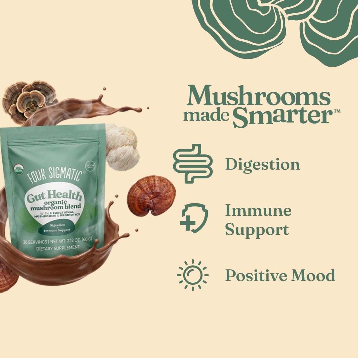 Four Sigmatic Gut Health Mushroom Blend | Organic Mushroom Powder Complex with Turkey Tail, Lion’s Mane, Cordyceps, Chaga, Probiotics and More - Maple Wellness Supplements