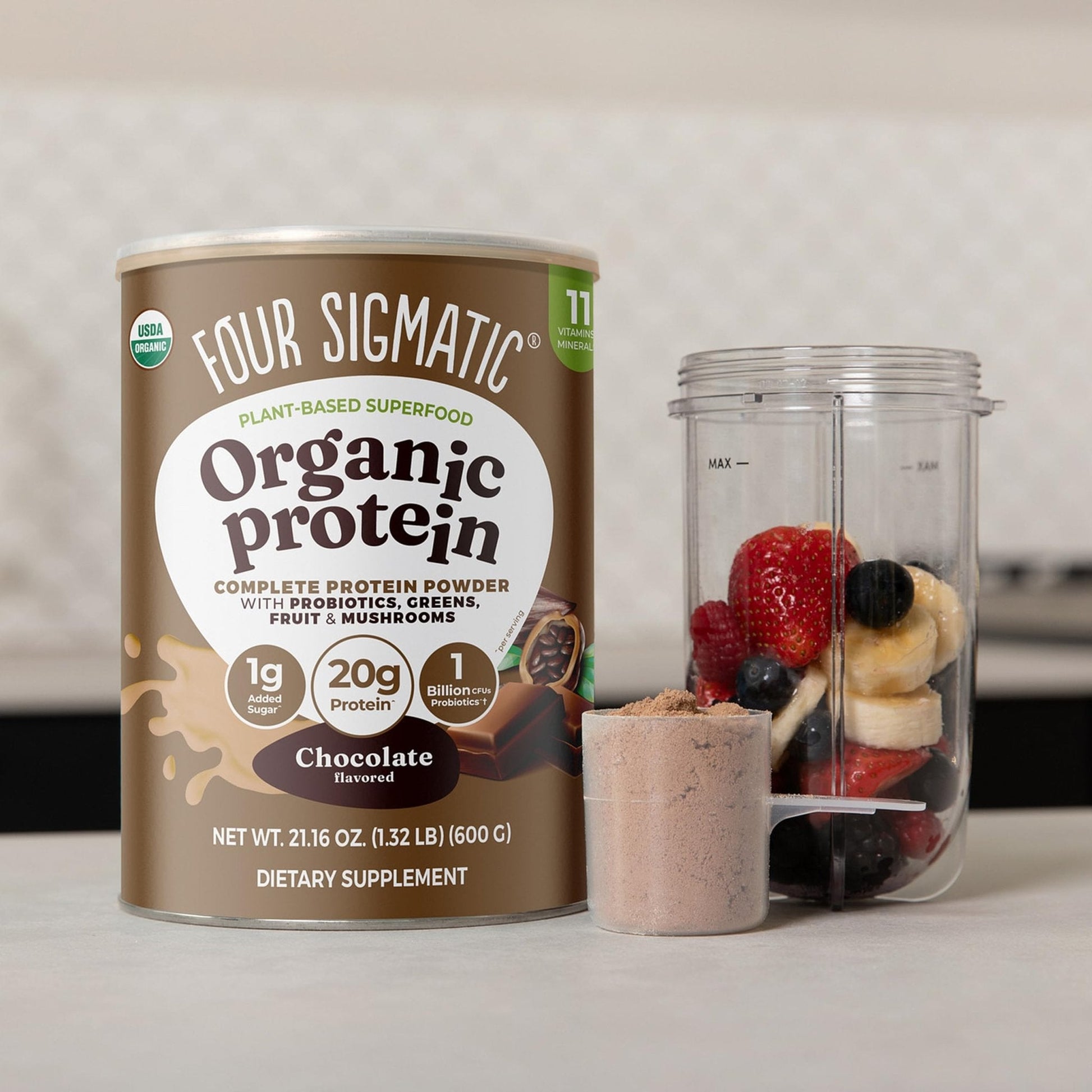 Four Sigmatic Organic Plant-Based Protein Powder | Clean Vegan Protein Elevated with Lion’s Mane, Chaga, Cordyceps and More for Brain Function and Immune Support | Creamy Cacao, 21.16 oz - Maple Wellness Supplements