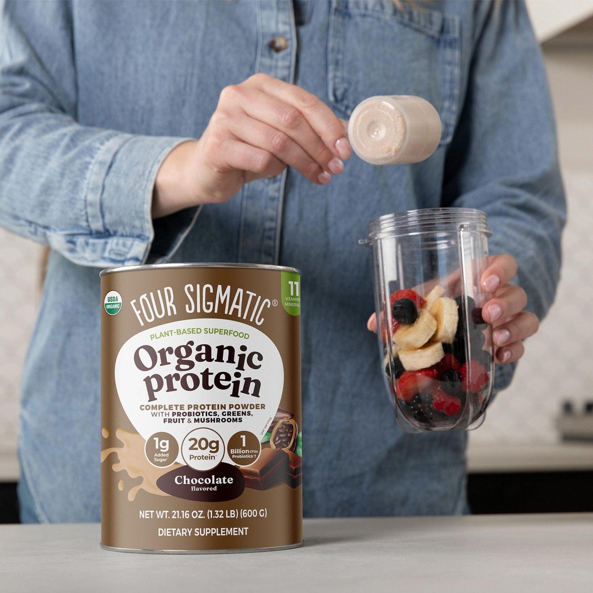 Four Sigmatic Organic Plant-Based Protein Powder | Clean Vegan Protein Elevated with Lion’s Mane, Chaga, Cordyceps and More for Brain Function and Immune Support | Creamy Cacao, 21.16 oz - Maple Wellness Supplements