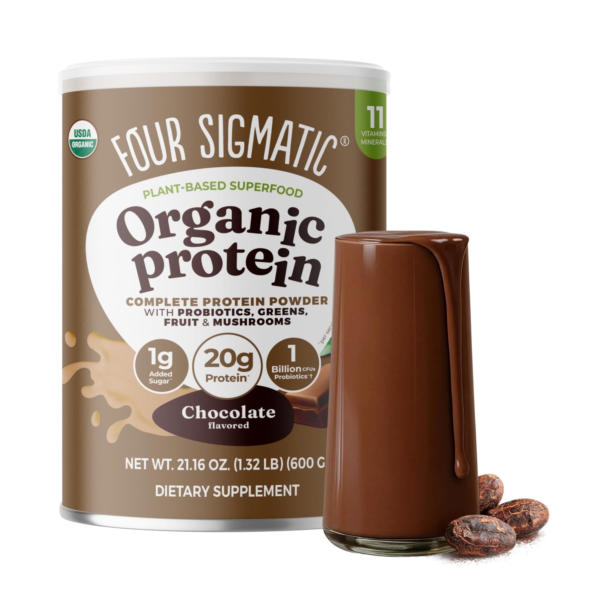 Four Sigmatic Organic Plant-Based Protein Powder | Clean Vegan Protein Elevated with Lion’s Mane, Chaga, Cordyceps and More for Brain Function and Immune Support | Creamy Cacao, 21.16 oz - Maple Wellness Supplements