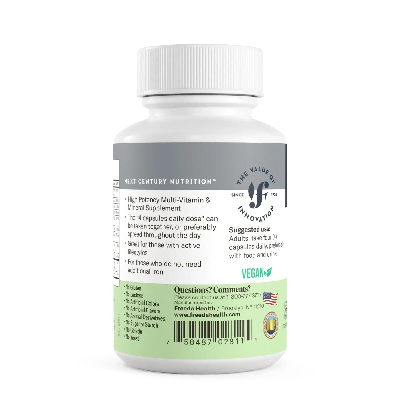 FREEDA Ultra Multivitamin Capsules – High-Potency Daily Supplement for Men & Women – Iron-Free – 120 Count – Kosher Certified - Maple Wellness Supplements