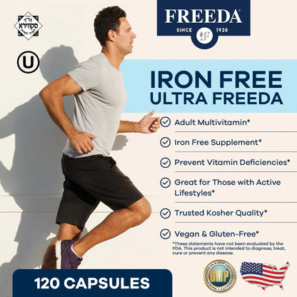 FREEDA Ultra Multivitamin Capsules – High-Potency Daily Supplement for Men & Women – Iron-Free – 120 Count – Kosher Certified - Maple Wellness Supplements