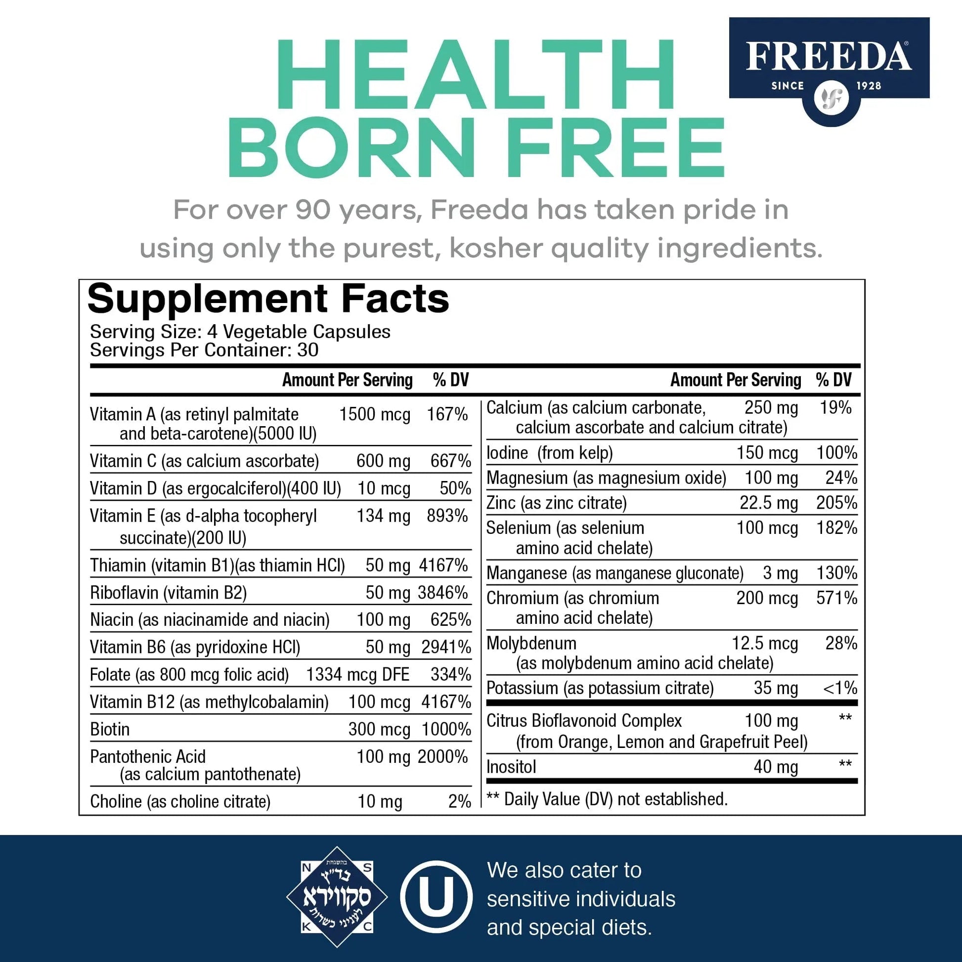 FREEDA Ultra Multivitamin Capsules – High-Potency Daily Supplement for Men & Women – Iron-Free – 120 Count – Kosher Certified - Maple Wellness Supplements