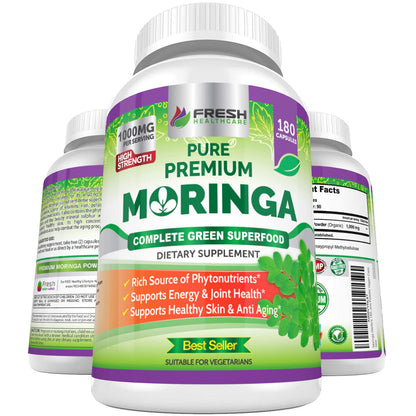 FRESH HEALTHCARE Moringa Capsules – 100% Pure Leaf Powder - 180 Pills, Non-GMO - 3 Month Supply - Complete Green Superfood for Energy - Maple Wellness Supplements