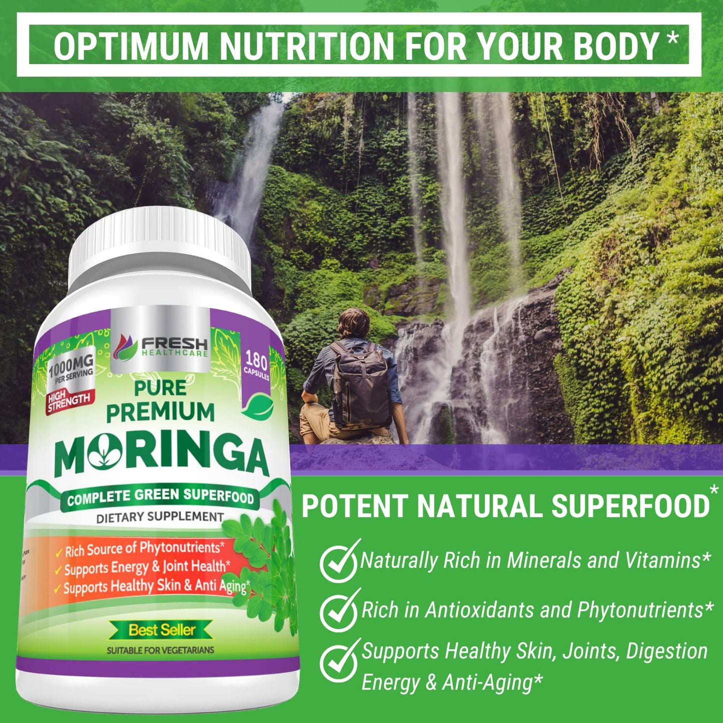 FRESH HEALTHCARE Moringa Capsules – 100% Pure Leaf Powder - 180 Pills, Non-GMO - 3 Month Supply - Complete Green Superfood for Energy - Maple Wellness Supplements