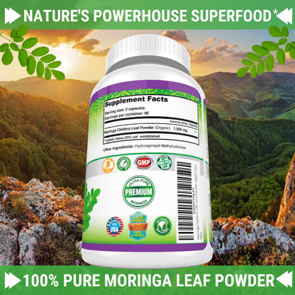 FRESH HEALTHCARE Moringa Capsules – 100% Pure Leaf Powder - 180 Pills, Non-GMO - 3 Month Supply - Complete Green Superfood for Energy - Maple Wellness Supplements