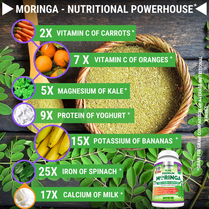 FRESH HEALTHCARE Moringa Capsules – 100% Pure Leaf Powder - 180 Pills, Non-GMO - 3 Month Supply - Complete Green Superfood for Energy - Maple Wellness Supplements