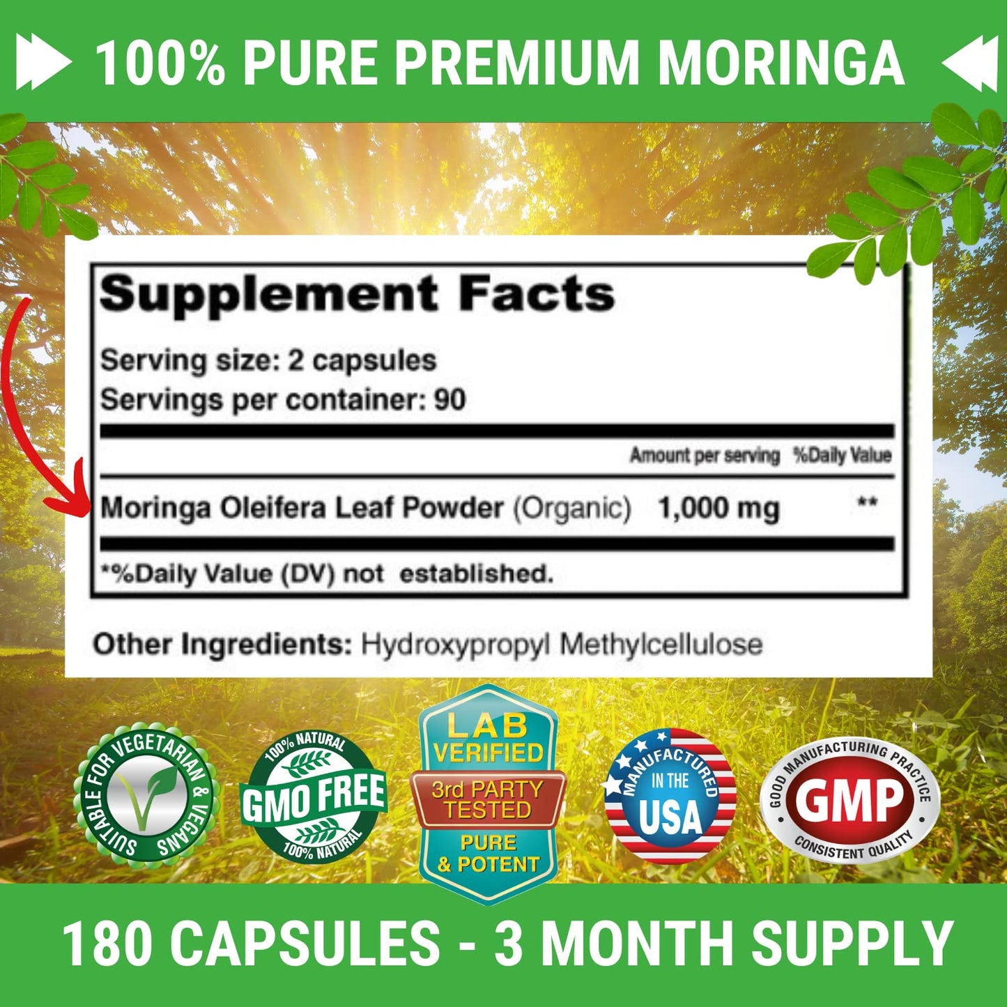 FRESH HEALTHCARE Moringa Capsules – 100% Pure Leaf Powder - 180 Pills, Non-GMO - 3 Month Supply - Complete Green Superfood for Energy - Maple Wellness Supplements