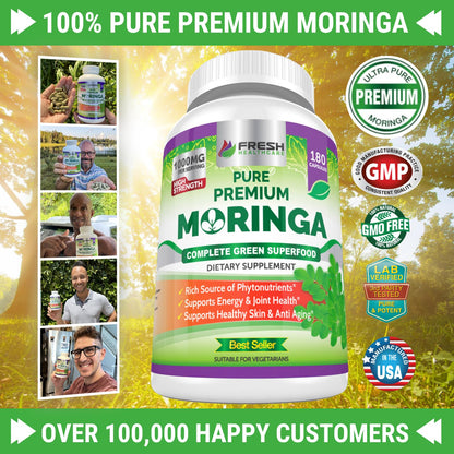 FRESH HEALTHCARE Moringa Capsules – 100% Pure Leaf Powder - 180 Pills, Non-GMO - 3 Month Supply - Complete Green Superfood for Energy - Maple Wellness Supplements