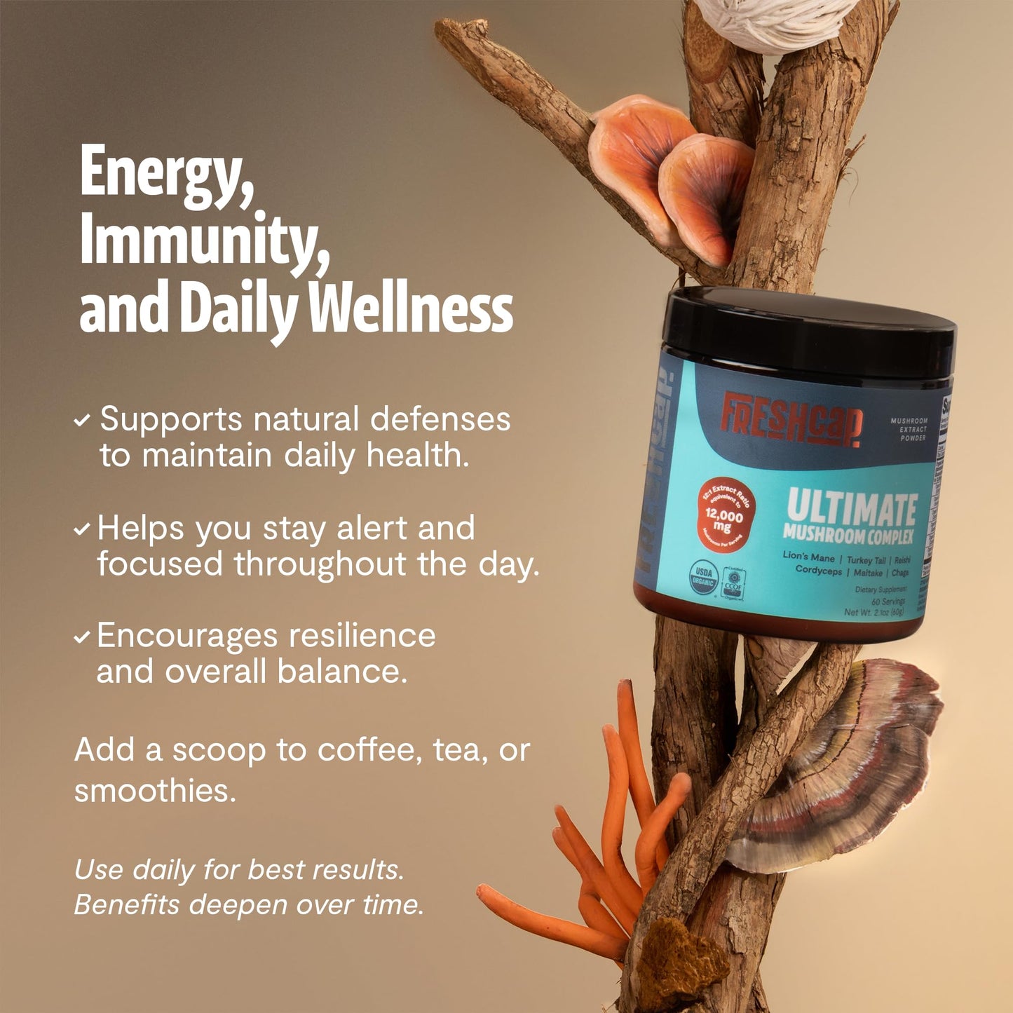 FreshCap Mushrooms Ultimate Mushroom Supplement Powder 12,000mg - Nootropic Organic Mushroom Complex for Focus & Memory, Brain Support Supplement, Ayurveda Mushroom Powder Extract (60 Servings) - Maple Wellness Supplements