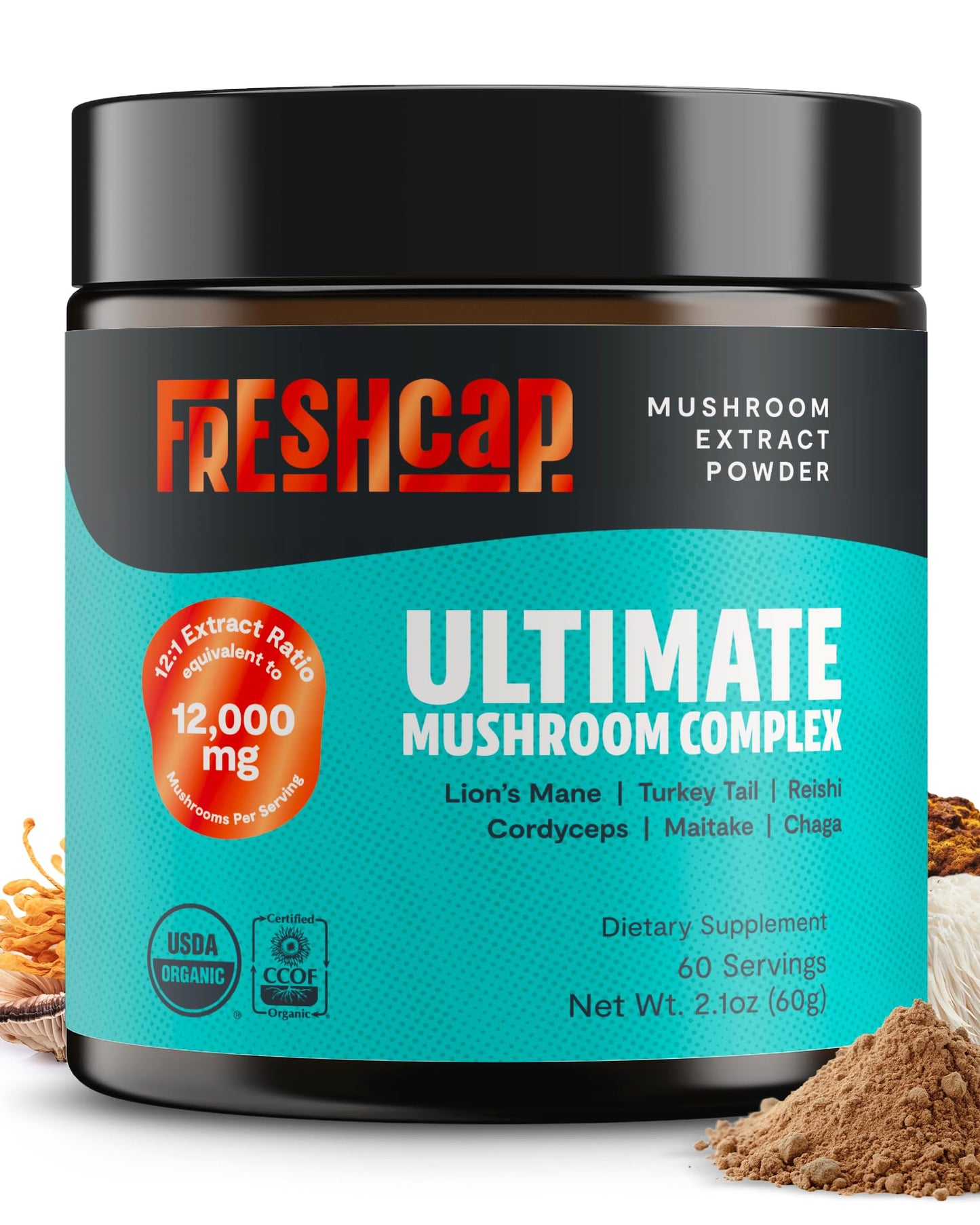 FreshCap Mushrooms Ultimate Mushroom Supplement Powder 12,000mg - Nootropic Organic Mushroom Complex for Focus & Memory, Brain Support Supplement, Ayurveda Mushroom Powder Extract (60 Servings) - Maple Wellness Supplements