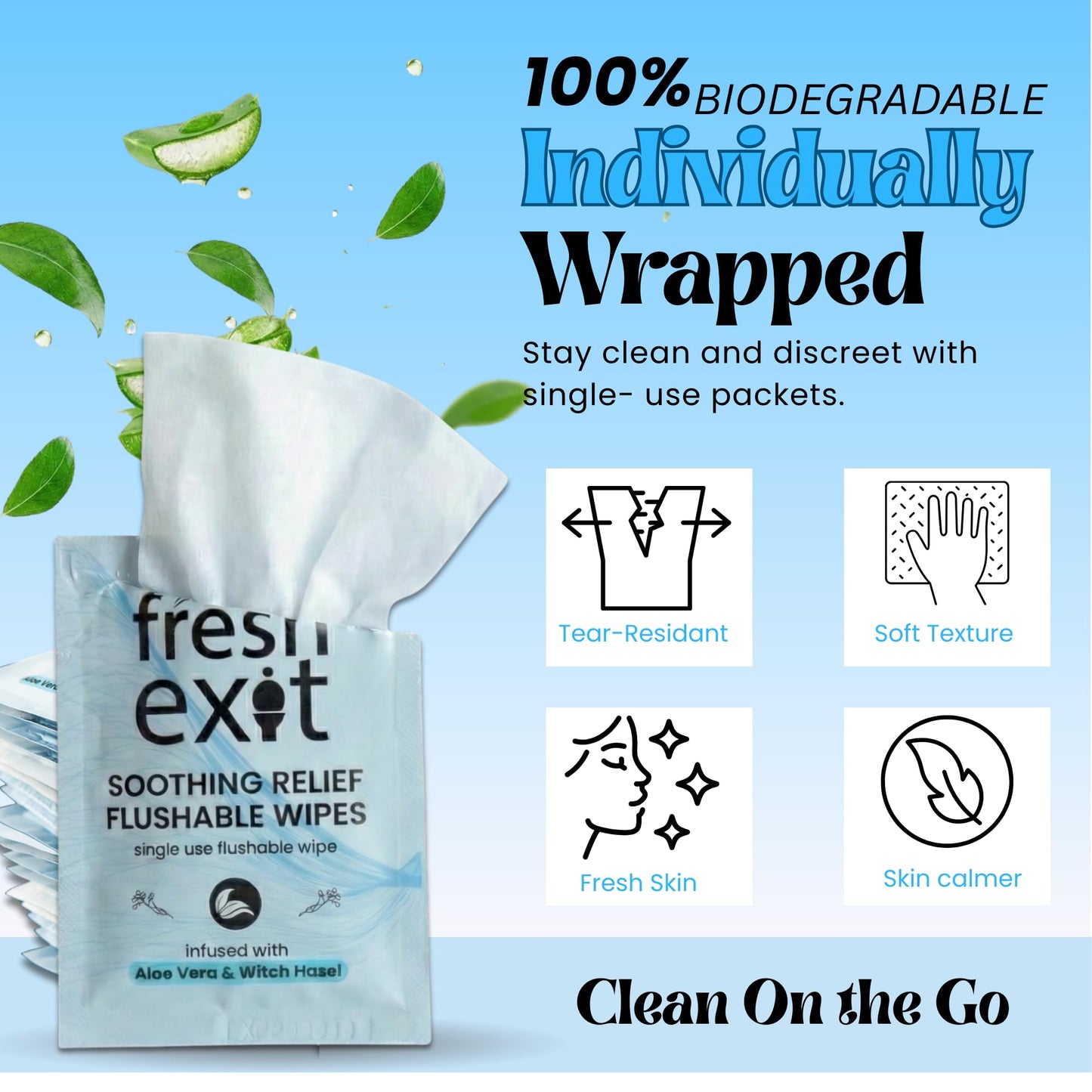 FreshExit Flushable Hemorrhoid Wipes – 36 Count – Individually Wrapped with Witch Hazel & Aloe Vera, Large Discreet Travel Wipes for Adults, Soothing & Gentle on Skin - Maple Wellness Supplements